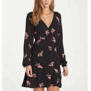 Billabong Floral V Neck Wrap Tie Waist Long Sleeve Black Mini Dress Size S